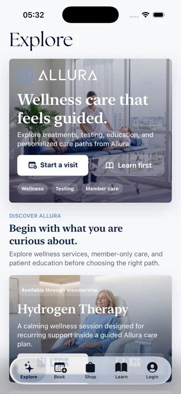 Allura Health And Wellness explore screen