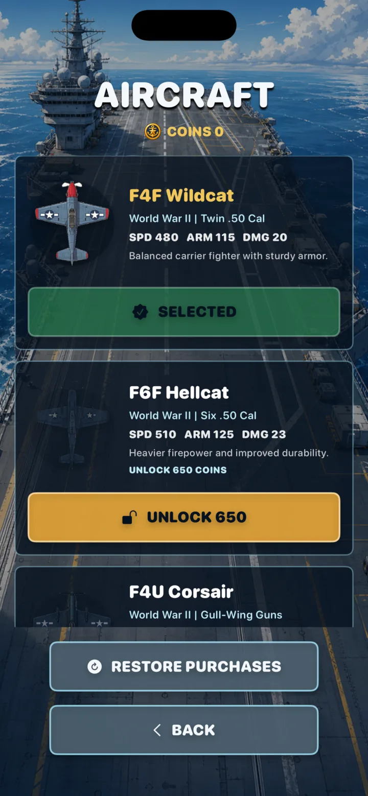 Navy Skies aircraft selection