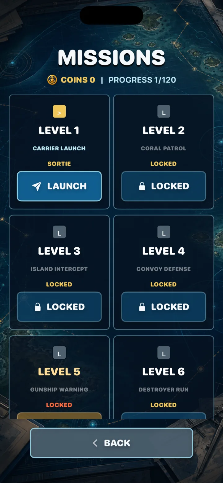 Navy Skies mission selection screen