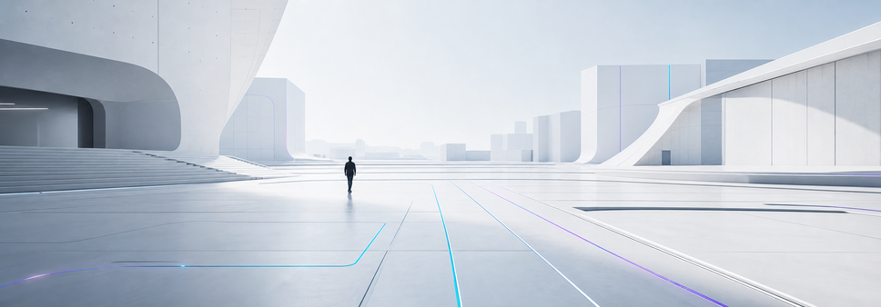 Minimal architectural AI systems landscape with a human figure