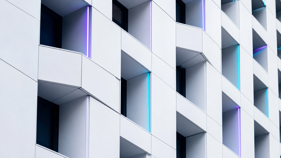 Modular architectural facade with subtle connected system lights