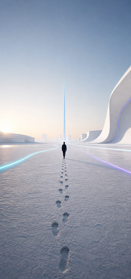 Person walking toward an infinite architectural horizon